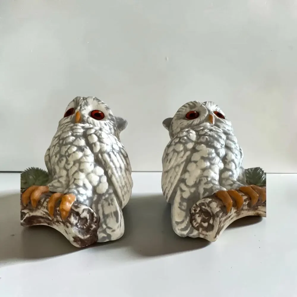 Vintage Ceramic Owl Wall Plaques Pair | Orange Amber Eyes | Mid Century Woodland